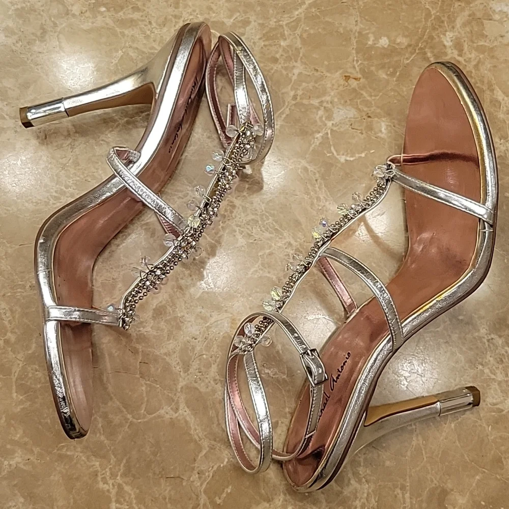 Michael Antonio Bedazzled Ankle Strap Silver Heeled Sandals, Sz 8
